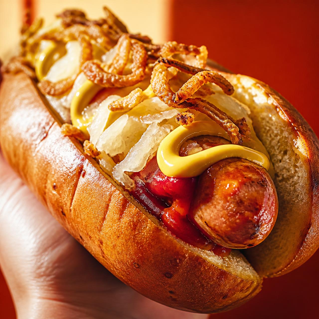 Close-up of a HANSI beef hotdog loaded with mustard, ketchup and crispy onions